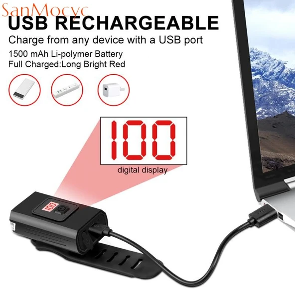 T6 LED Bisiklet Farı - 1200 Lumen - USB Şarjlı - Dijital Ekran - IPX6 - 6