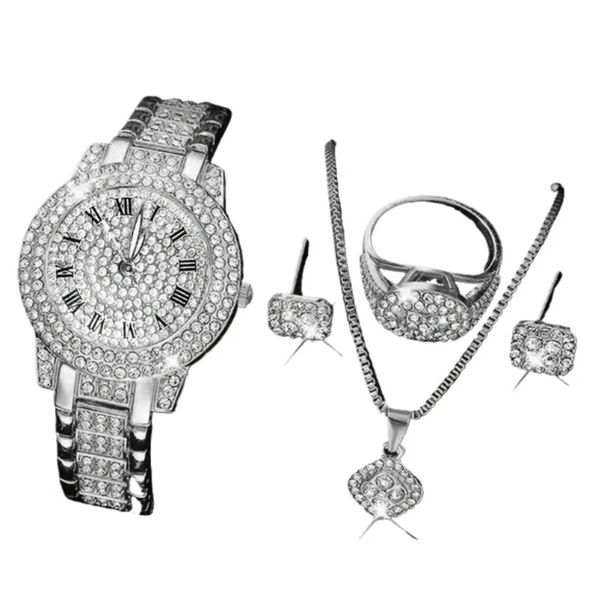 Kadın Lüks Rhinestone Kuvars Saat ve Takı Seti - Gümüş - 45cm - 2