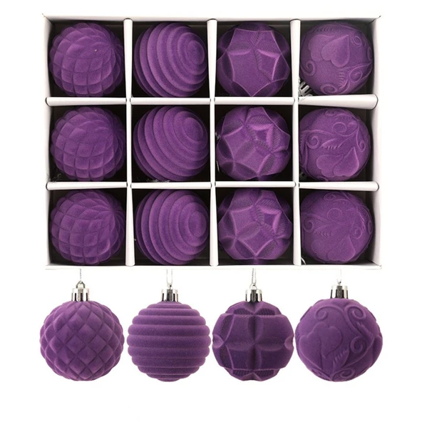 Şarap Kırmızı Flocklu Noel Topu Süs - 6cm - 12 Adet - 10