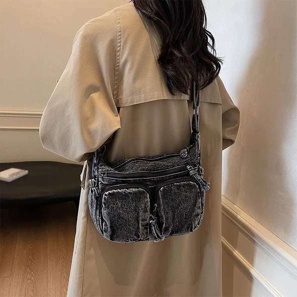Kot Omuz Çantası - Retro - Siyah - Hobo Modeli - 6