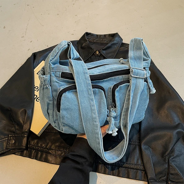 Kot Omuz Çantası - Retro - Açık Mavi - Hobo Modeli