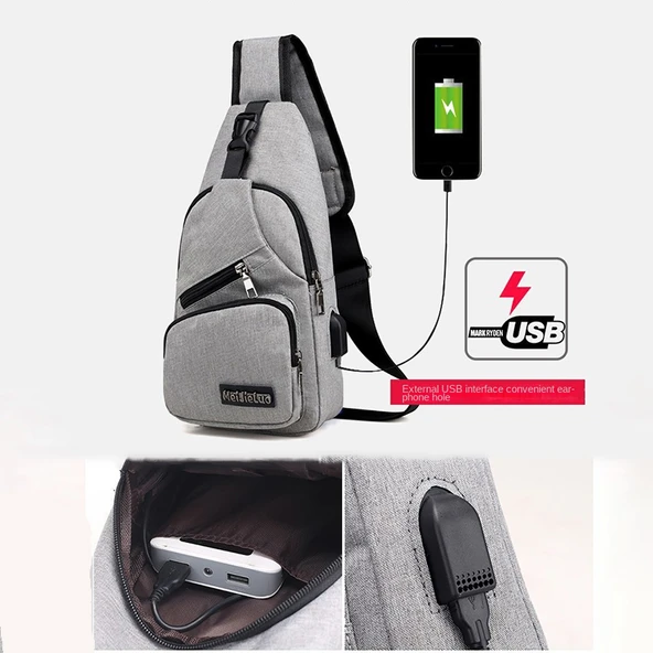 Erkek Moda Kanvas Omuz Çantası - Gri - 4