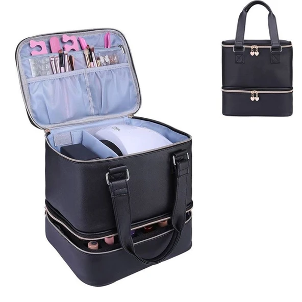 Çift Katmanlı Oje Organizer Çantası - Mor PU Şeritli - 8