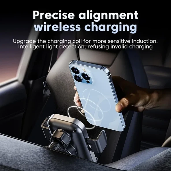 15W Hızlı Kablosuz Araç Şarj Cihazı Telefon Tutucu - Siyah - iPhone Samsung Uyumlu - 5