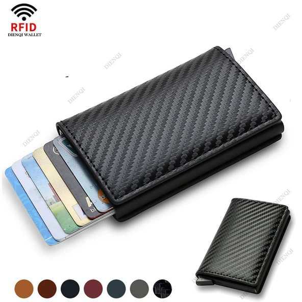 Karbon Fiber İnce Alüminyum RFID Cüzdan - Kahve - 2