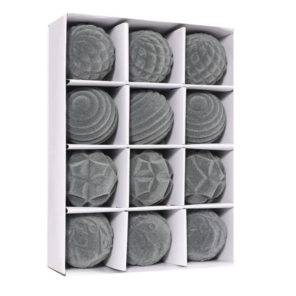 Gri Flocklu Noel Topu Süs - 6cm - 12 Adet