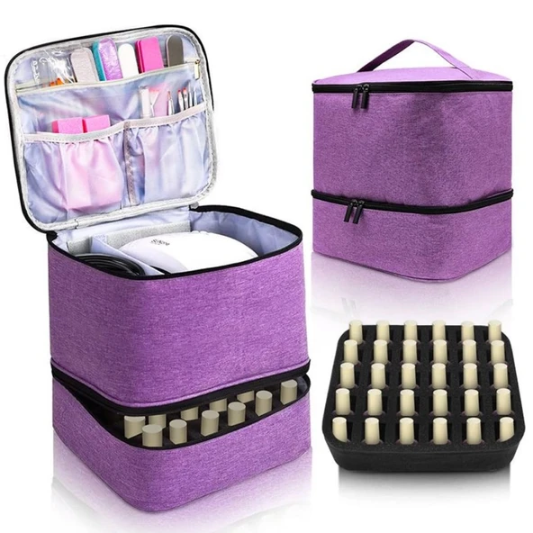 Çift Katmanlı Oje Organizer Çantası - Mor PU Şeritli