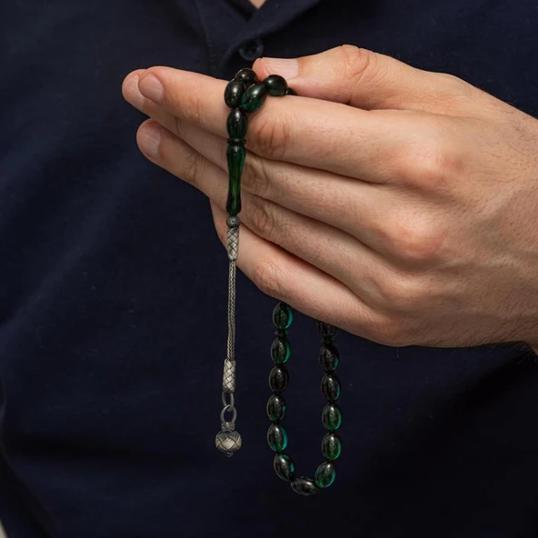 925 Ayar Gümüş Kazaz Püsküllü Arpa Kesim Yeşil Ateş Kehribar Tesbih - 3