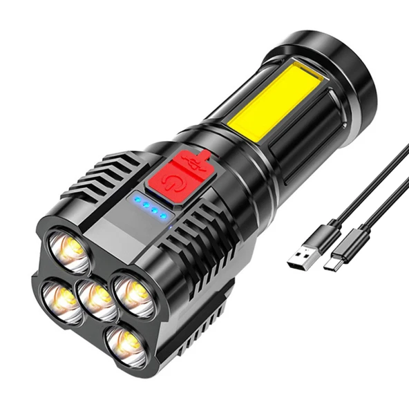 5 LED El Feneri - Taşınabilir - Yüksek Lumen - USB Şarjlı - Yan Işık - 4 Mod - Siyah