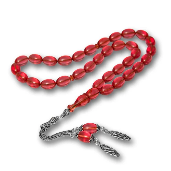 925 Ayar Gümüş Püsküllü Kırmızı Renk Damla Kesim Ateş Kehribar Tesbih - 2