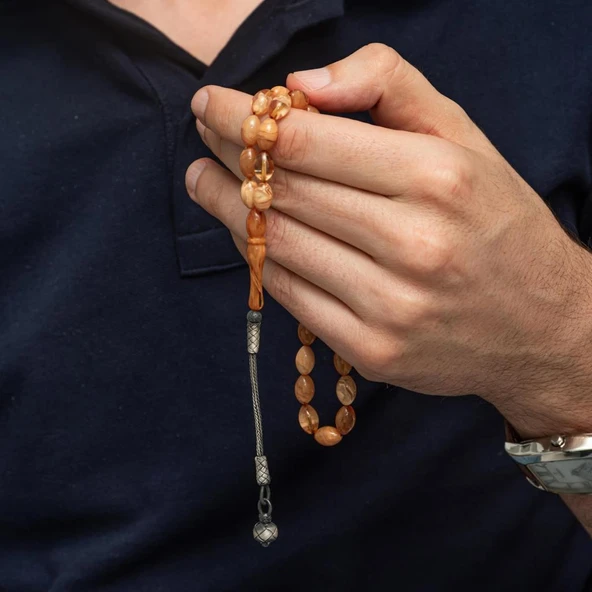 925 Ayar Gümüş Püsküllü Kazaz Sıkma Kehribar Tesbih - 3