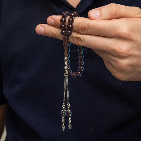 925 Ayar Gümüş Püsküllü Parliement Lacivert Taşlı Sıkma Kehribar Tesbih