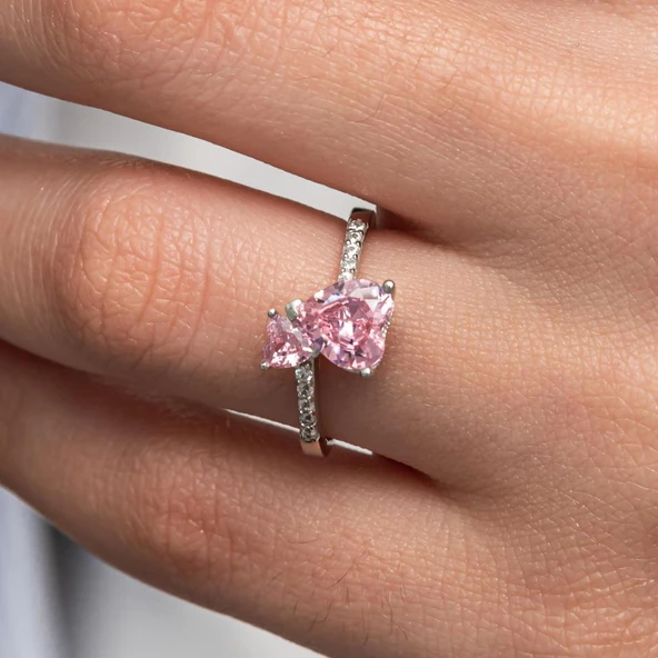 Pembe Taşlı Kalpli 925 Gümüş Yüzük Kadın - 3