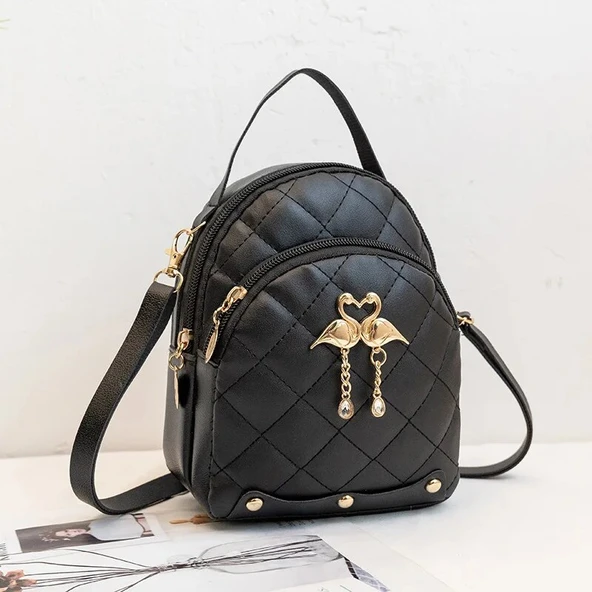 Kadın Mini Moda Sırt Çantası - Siyah