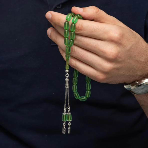 925 Ayar Gümüş Püsküllü Yeşil Renk Kapsül Kesim Ateş Kehribar Tesbih
