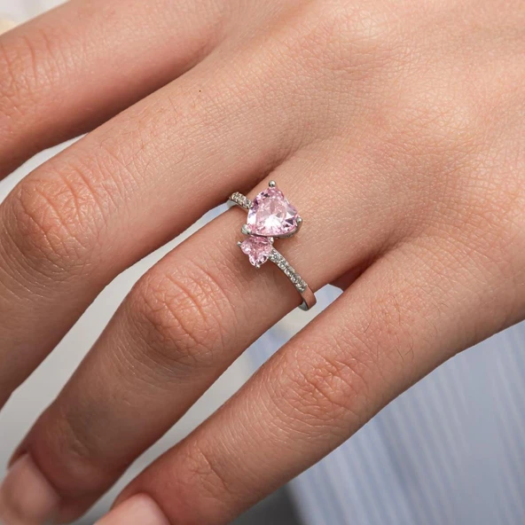 Pembe Taşlı Kalpli 925 Gümüş Yüzük Kadın