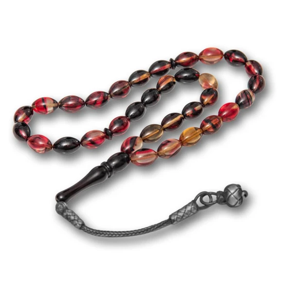 925 Ayar Gümüş Kazaz Püsküllü Arpa Kesim Sarı Siyah Sıkma Kehribar Tesbih - 2