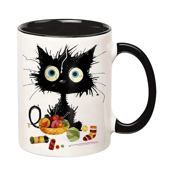 Kedi Desenli Seramik Kahve Fincanı - Stil 4 - 11oz