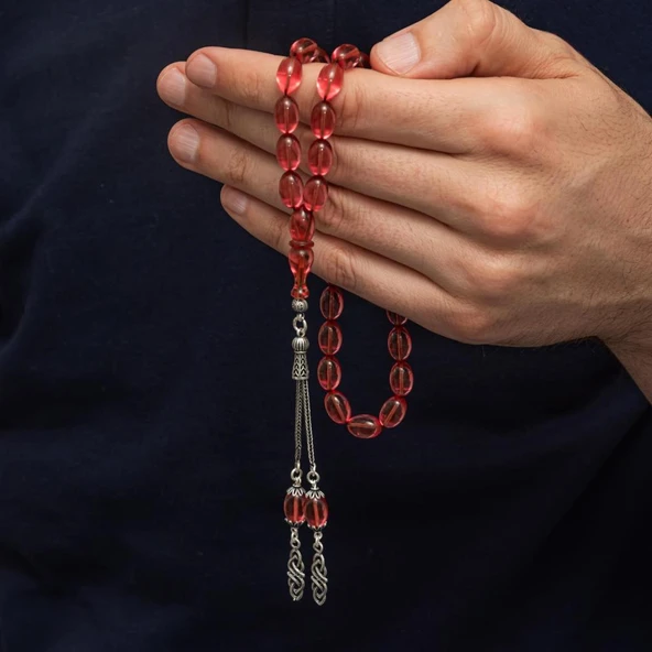 925 Ayar Gümüş Püsküllü Kırmızı Renk Damla Kesim Ateş Kehribar Tesbih