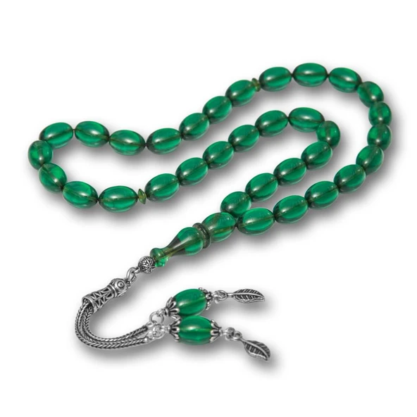 925 Ayar Gümüş Püsküllü Yeşil Renk Damla Kesim Ateş Kehribar Tesbih - 2