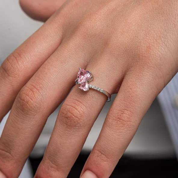 Pembe Taşlı Kalpli 925 Gümüş Yüzük Kadın - 4