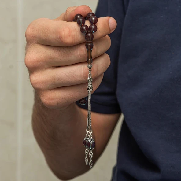 925 Ayar Gümüş Püsküllü Parliement Lacivert Taşlı Sıkma Kehribar Tesbih - 3