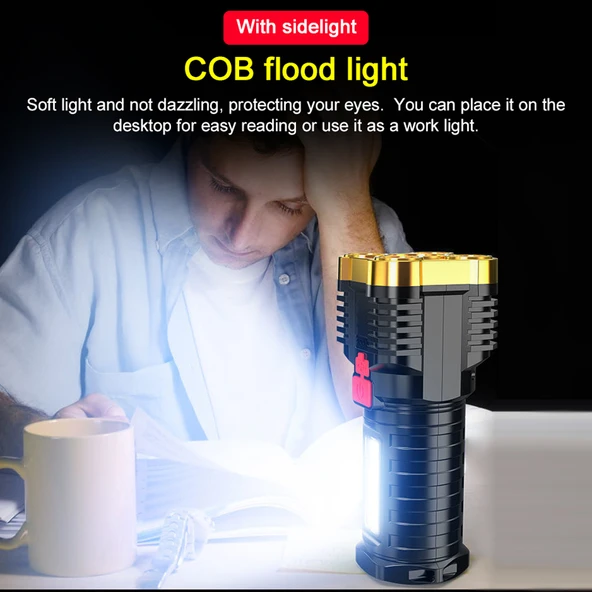 5 LED El Feneri - Taşınabilir - Yüksek Lumen - USB Şarjlı - Yan Işık - 4 Mod - Siyah - 6