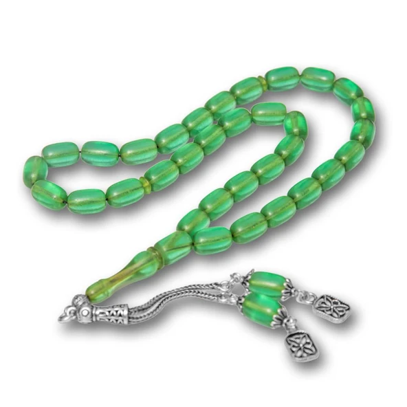925 Ayar Gümüş Püsküllü Yeşil Renk Kapsül Kesim Ateş Kehribar Tesbih - 2