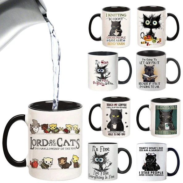 Kedi Desenli Seramik Kahve Fincanı - Stil 6 - 11oz - 10