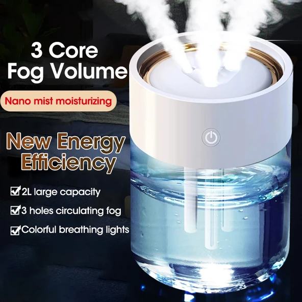 2L USB Hava Nemlendirici - 3 Nozullu - LED Işıklı - Ultrasonik Aroma Difüzör - 6