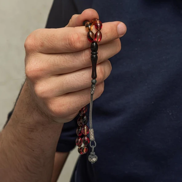 925 Ayar Gümüş Kazaz Püsküllü Arpa Kesim Sarı Siyah Sıkma Kehribar Tesbih - 4