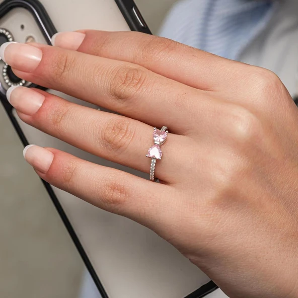 Pembe Taşlı Kalpli 925 Gümüş Yüzük Kadın - Resim 4