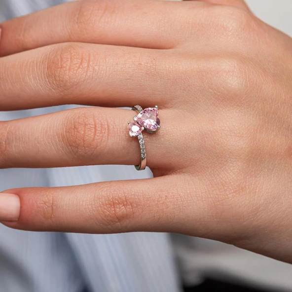 Pembe Taşlı Kalpli 925 Gümüş Yüzük Kadın - 5