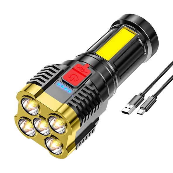 5 LED El Feneri - Taşınabilir - Yüksek Lumen - USB Şarjlı - Yan Işık - 4 Mod - Altın