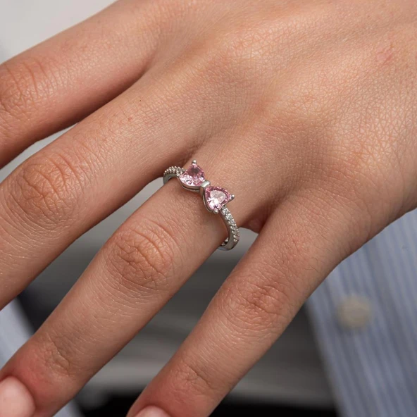 Pembe Taşlı Kalpli 925 Gümüş Yüzük Kadın ürün görseli