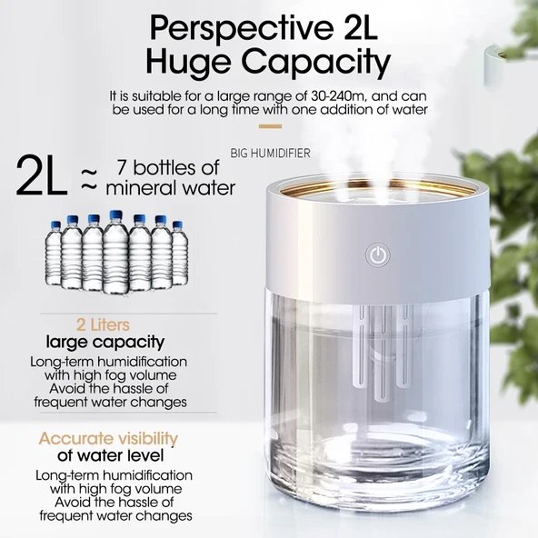 2L USB Hava Nemlendirici - 3 Nozullu - LED Işıklı - Ultrasonik Aroma Difüzör - 4