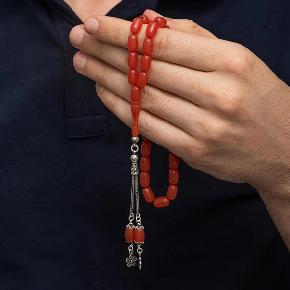 925 Ayar Gümüş Kazaz Püsküllü Kapsül Kesim Turuncu Sıkma Kehribar Tesbih