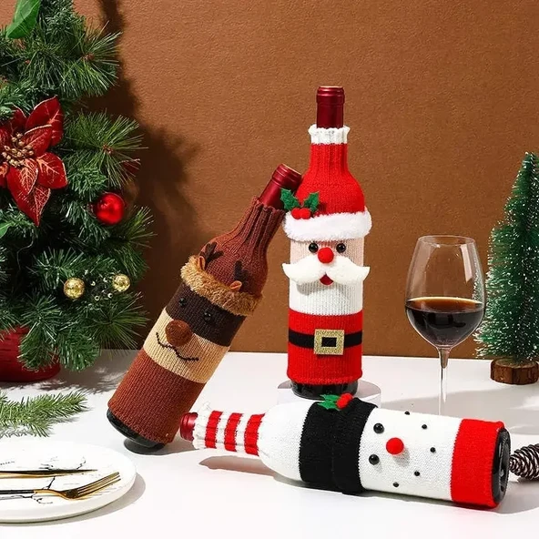 Noel Şarap Şişesi Kılıf Seti - Santa - Kar Adam - Stil A - 4