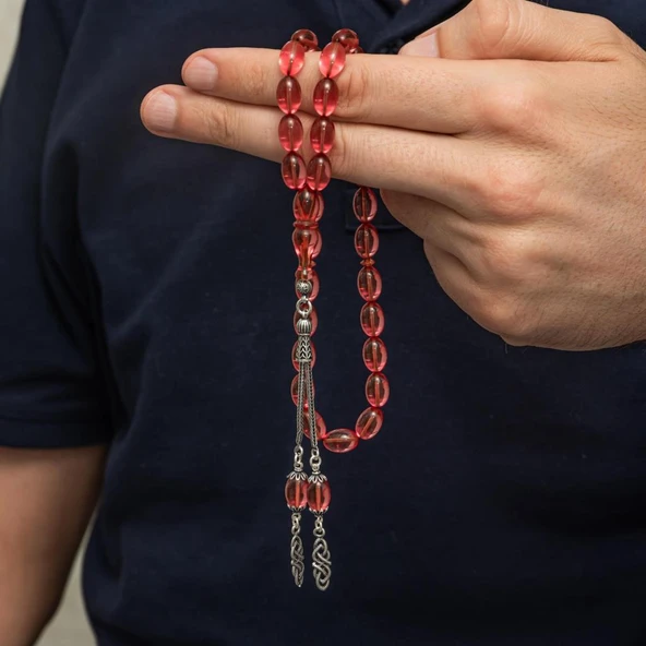 925 Ayar Gümüş Püsküllü Kırmızı Renk Damla Kesim Ateş Kehribar Tesbih - 3