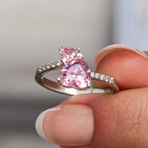 Pembe Taşlı Kalpli 925 Gümüş Yüzük Kadın - 2