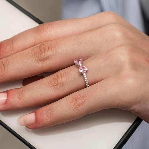 Pembe Taşlı Kalpli 925 Gümüş Yüzük Kadın - Resim 3