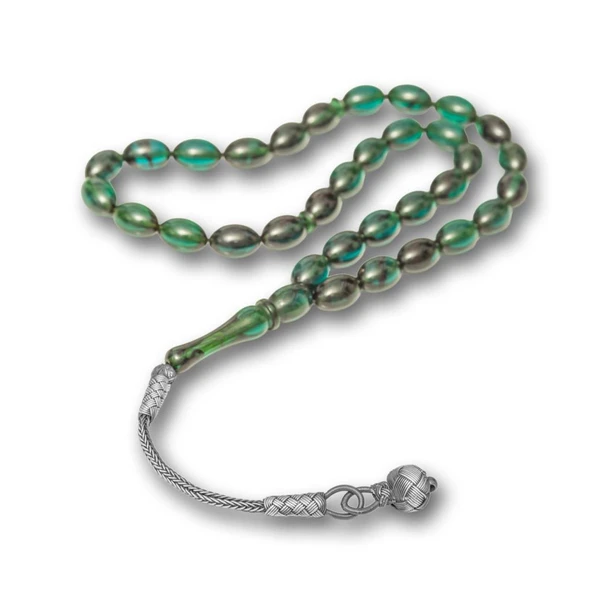 925 Ayar Gümüş Kazaz Püsküllü Arpa Kesim Yeşil Ateş Kehribar Tesbih - 2