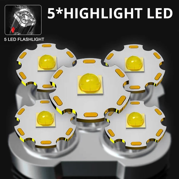 5 LED El Feneri - Taşınabilir - Yüksek Lumen - USB Şarjlı - Yan Işık - 4 Mod - Siyah - 5