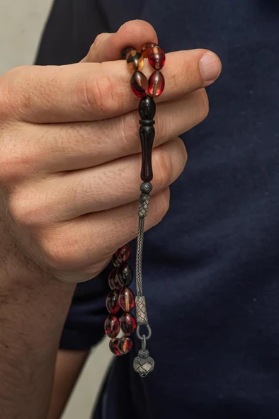 925 Ayar Gümüş Püsküllü Sarı Renk Kapsül Kesim Kehribar Tesbih - 4