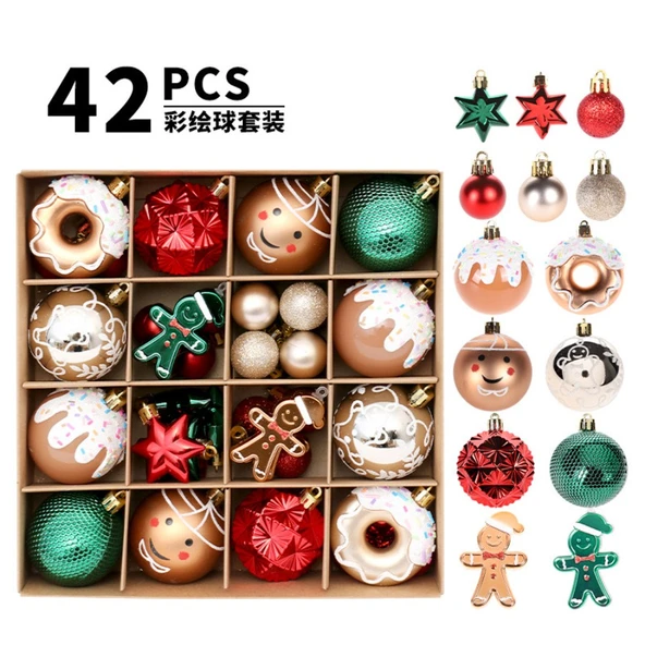 Kırmızı Yeşil Altın 42 Parça Noel Topu Süs Seti - Stil 2 - 6