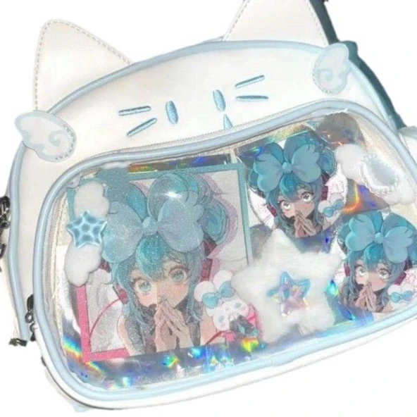 Kedi Desenli Kadın Sırt Çantası - A Renk - Deri - Lolita Harajuku - 7