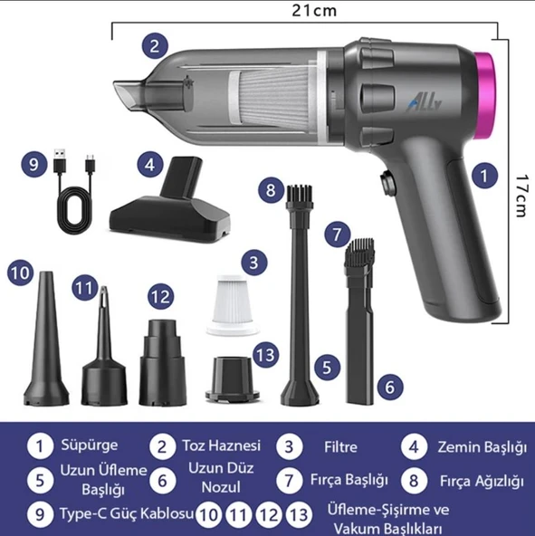 ALLY 14000pa Güçlü Portatif 2 Kademeli Tasinabilir Vakumlu Kablosuz Üflemeli Mini Araç Süpürgesi - 8