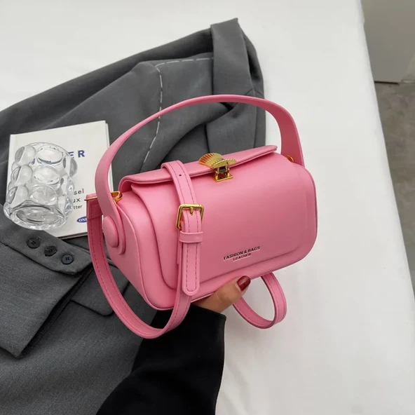 Klasik Kadın Omuz Çantası - Retro - Kare - Büyük Kapasiteli - Dokulu Deri - Pembe