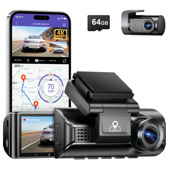 Azdome M550 Pro 4K Çift Kameralı Araç Kamerası WiFi GPS Gece Görüşü Park Modu Türkiye Garantili