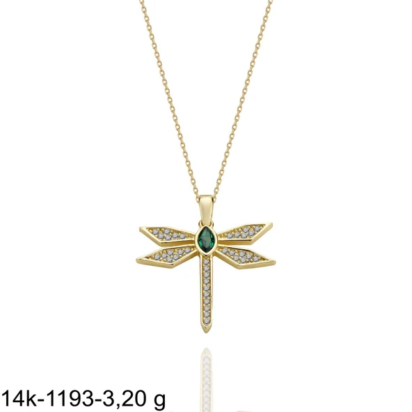 Zümrüt Taş Yusufçuk Özel Tasarım Çok Şık 14 Ayar Altın Kolye - Resim 2